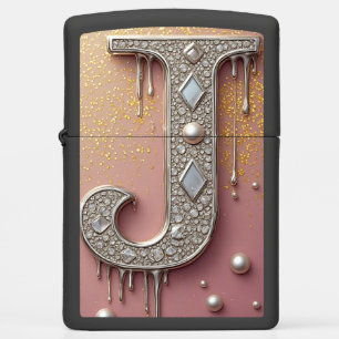 Luxury Diamond Letter J Monogram With Gold Drips Zippo Lighter