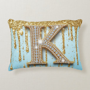 Luxury Diamond Letter K on Gold Glitter Background Accent Pillow