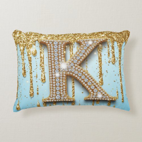 Luxury Diamond Letter K on Gold Glitter Background Accent Pillow