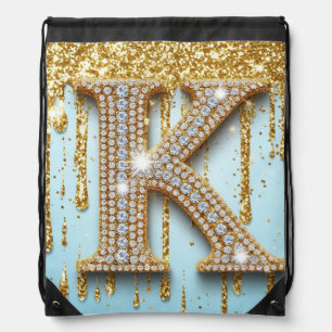 Luxury Diamond Letter K on Gold Glitter Background Drawstring Bag