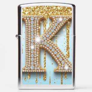 Luxury Diamond Letter K on Gold Glitter Background Zippo Lighter
