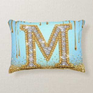 Luxury Diamond Letter M on Gold Glitter Background Accent Pillow