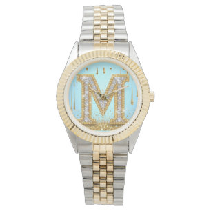 Luxury Diamond Letter M on Gold Glitter Background Watch