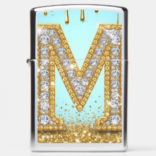 Luxury Diamond Letter M on Gold Glitter Background Zippo Lighter