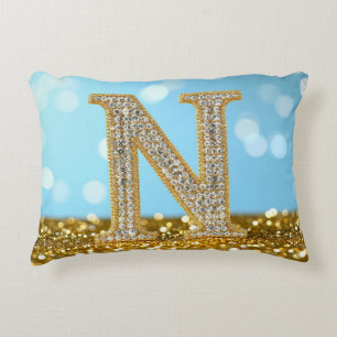 Luxury Diamond Letter N on Gold Glitter Background Accent Pillow