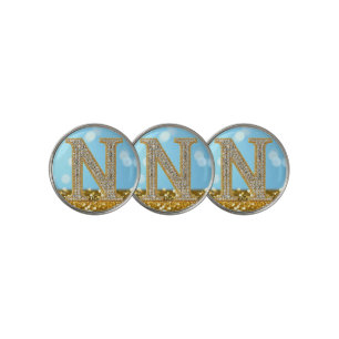 Luxury Diamond Letter N on Gold Glitter Background Golf Ball Marker