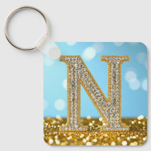 Luxury Diamond Letter N on Gold Glitter Background Keychain