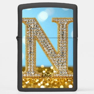 Luxury Diamond Letter N on Gold Glitter Background Zippo Lighter