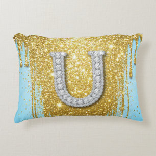 Luxury Diamond Letter U on Gold Glitter Background Accent Pillow