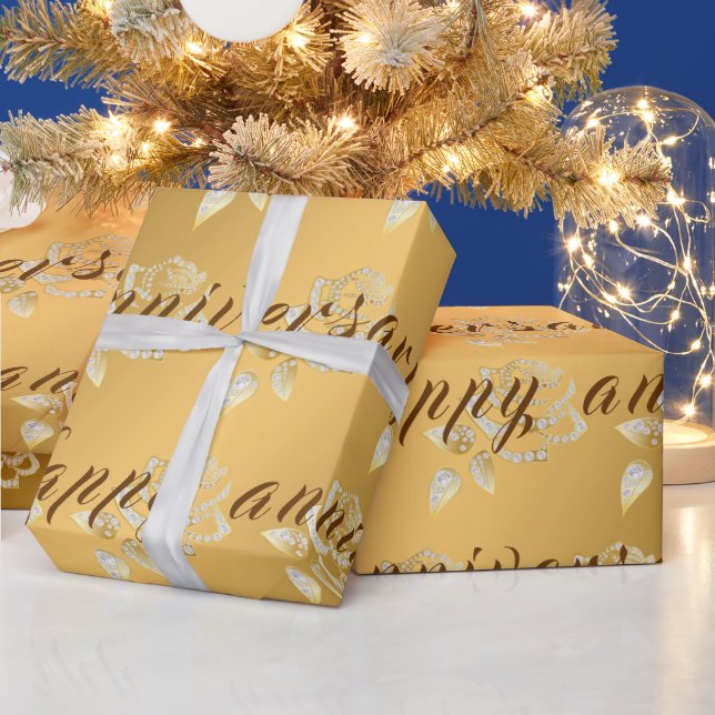 Luxury Diamond Rose Happy Gold 50th Anniversary Wrapping Paper (Holidays)