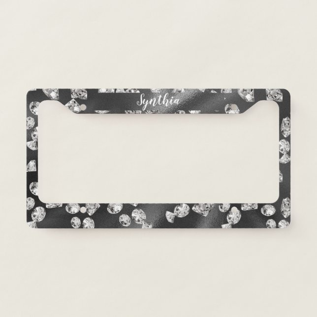 luxury diamonds BLACK background glittering girly  License Plate Frame (Front)