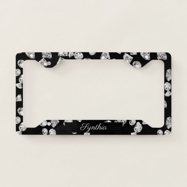 luxury diamonds black background glittering girly license plate frame (Front)