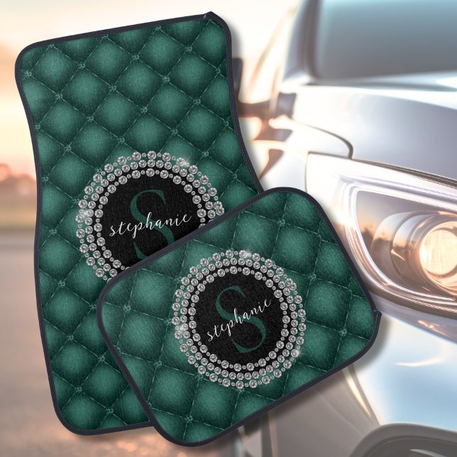 Luxury Diamonds Black Green Monogram  Car Floor Mat (Mockup View)