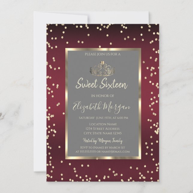 Luxury Diamonds Dark Red Sweet Sixteen Invitation (Front)