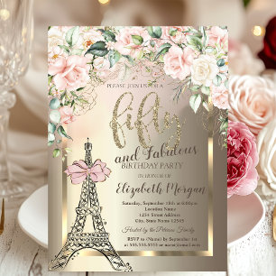 Luxury Diamonds Eiffel Tower,Pink Bow Roses 50th  Invitation