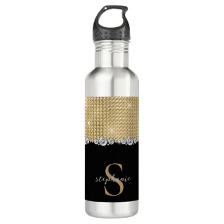 Luxury Diamonds Gold Black Monogram Stainless Steel Water Bottle