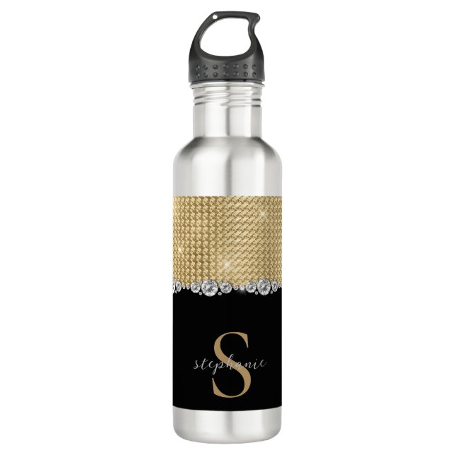Luxury Diamonds Gold Black Monogram Stainless Steel Water Bottle (Front)