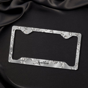 luxury diamonds silver background glittering girly license plate frame