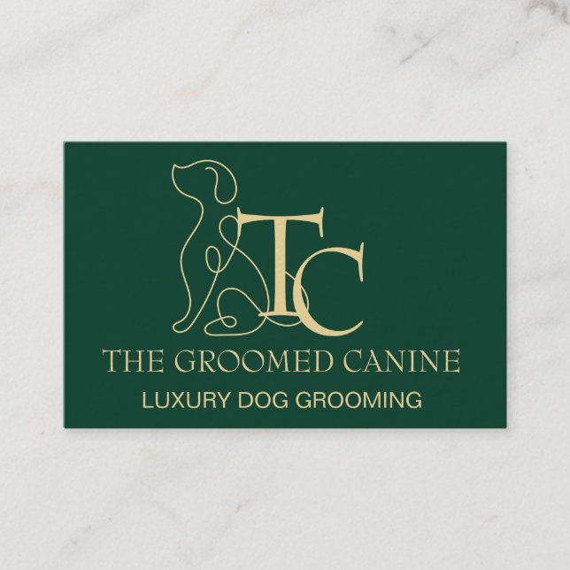 Luxury Dog Grooming Business Card Emerald and Gold (Front)
