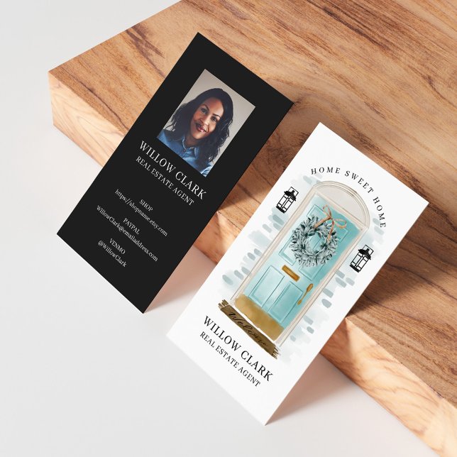 Luxury Door Professional Real Estate Agent Photo Business Card (Aqua Watercolor Front Door Wreath Real Estate Business Card)