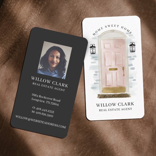 Customizable Pink Watercolor Front Door Real Estate Agent Business Card