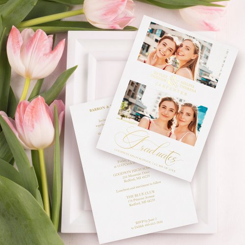 Luxury Double Graduation Chic Golden 2 Photos  Foil Invitation