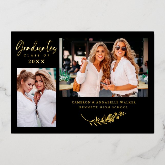 Luxury Double Graduation Golden Branches 2 Photos  Foil Invitation (Front)
