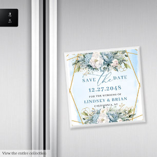 Luxury Dusty Blue Gold Glitter Save tDate Magnet