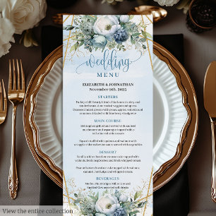 Luxury Dusty Blue Gold Greenery Floral Wedding Menu