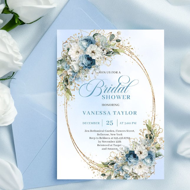 Luxury Dusty Blue Greenery Floral Bridal Shower  Invitation (Luxury Dusty Blue Greenery Floral Bridal Shower Invitation)