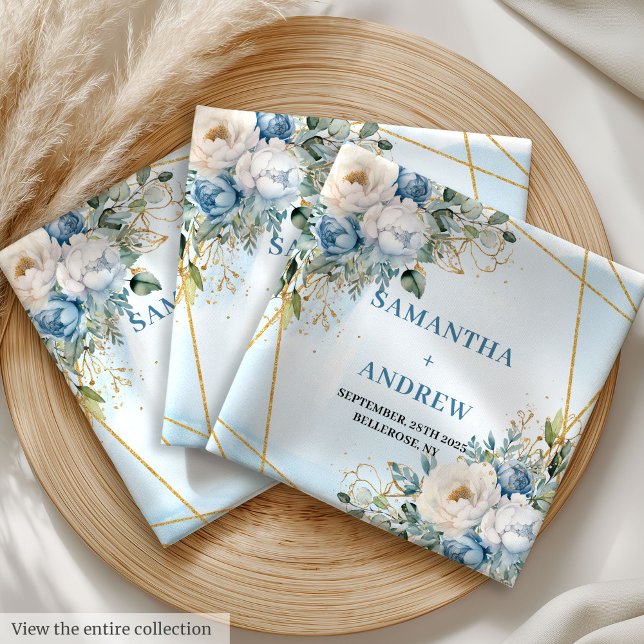 Luxury Dusty Blue Peonies and White Floral Wedding Cloth Napkin (Luxury Dusty Blue Peonies and White Floral Wedding Cloth Napkins)