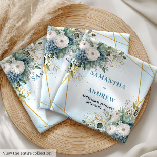Luxury Dusty Blue Peonies and White Floral Wedding Cloth Napkin