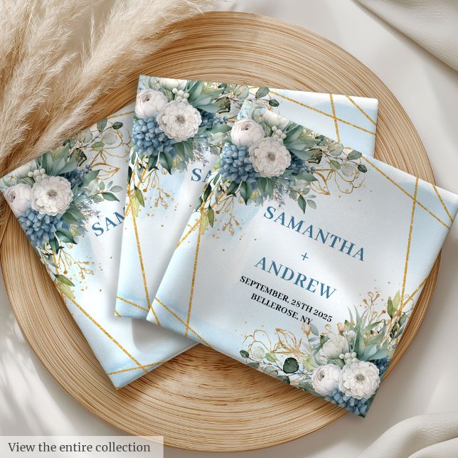 Luxury Dusty Blue Peonies and White Floral Wedding Cloth Napkin (Luxury Dusty Blue Peonies and White Floral Wedding Cloth Napkins)