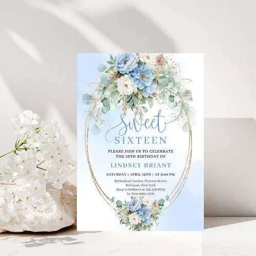Luxury Dusty Blue Peonies Gold Sweet Sixteen Party