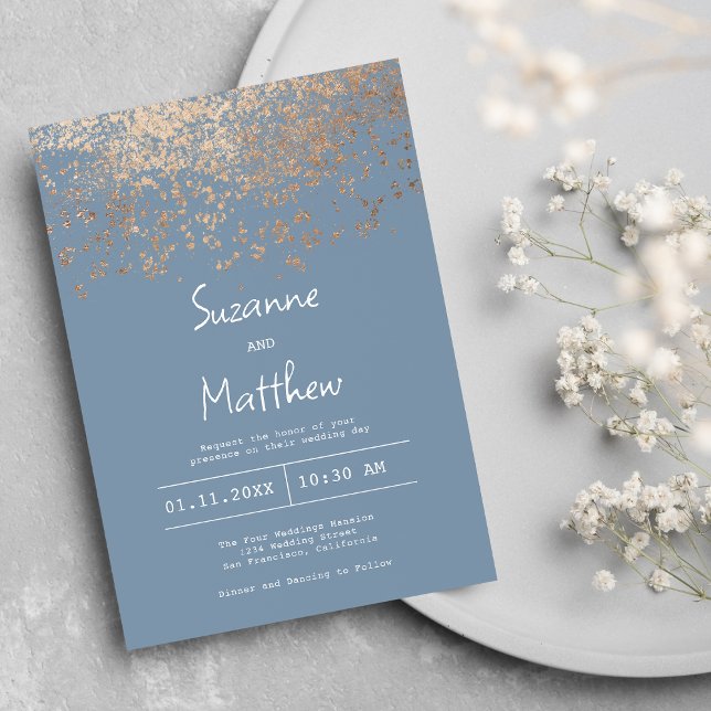 Luxury dusty blue rose gold confetti wedding invitation (Luxury dusty blue rose gold confetti wedding)