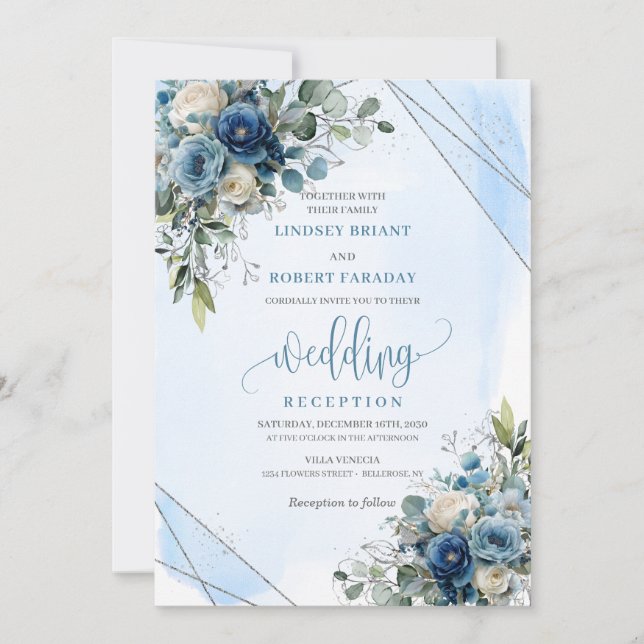 Luxury Dusty Blue Silver Floral Wedding Reception Invitation (Front)