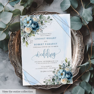 Luxury Dusty Blue Silver Wedding Invitation Card