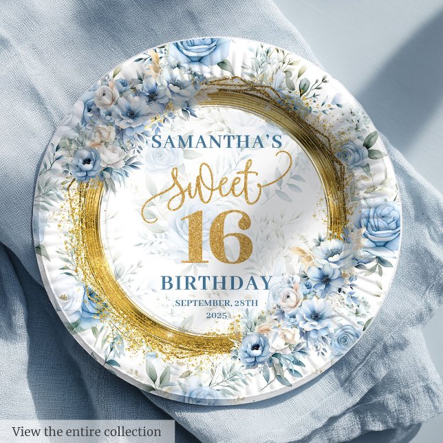 Luxury Dusty Blue Sweet 16 Gold Glitter Party  Paper Plates (Luxury Dusty Blue Sweet 16 Gold Glitter Party Paper Plates)