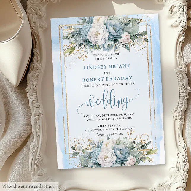 Luxury dusty blue white floral wedding invitation | Zazzle
