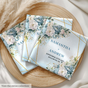 Luxury Dusty Blue White Gold Peonies Cloth Napkins