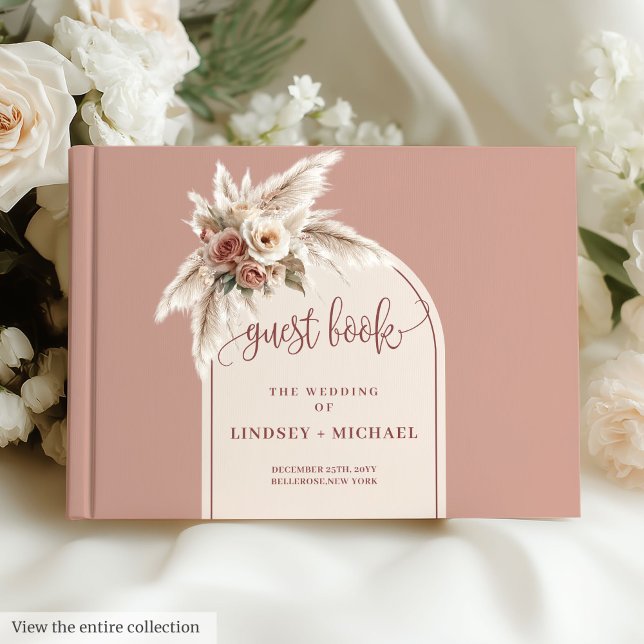 Luxury Dusty Pink Pampas Roses Boho Arch Wedding Guest Book (Luxury Dusty Pink Pampas Roses Boho Arch Wedding Guest Book)