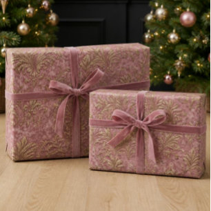 Luxury Dusty Pink Velvet & Gold Damask Christmas Wrapping Paper