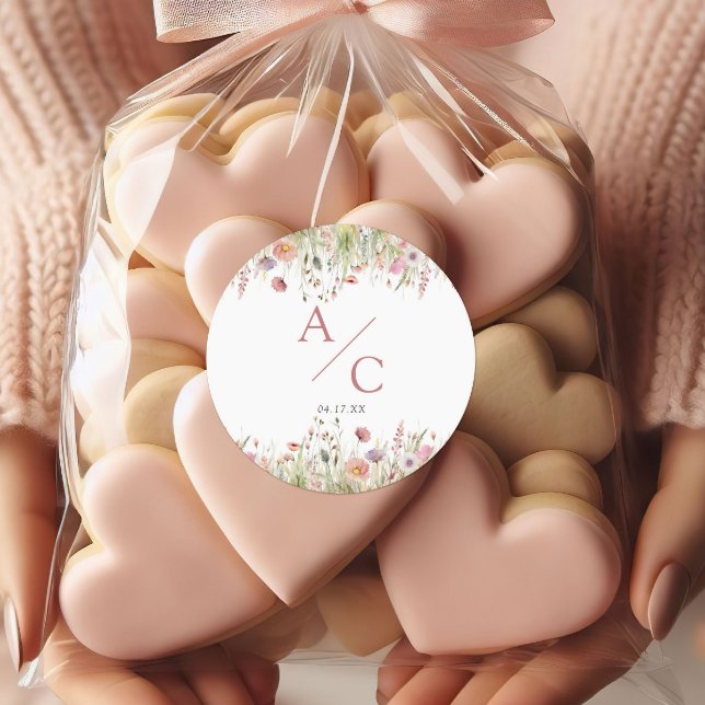 Luxury Dusty Pink Wildflower Wedding Classic Round Sticker (Creator Uploaded)