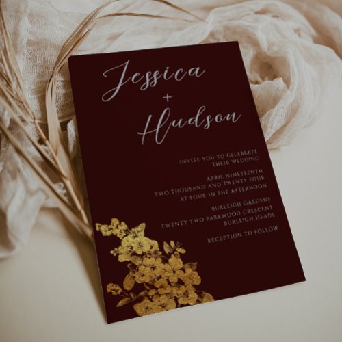 Luxury Elegance Burgundy  Gold Floral Wedding Invitation