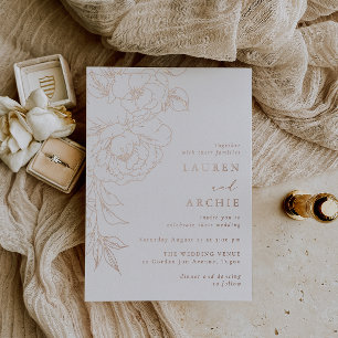 Luxury Elegance: Floral Line Art Wedding Rose Gold Foil Invitation