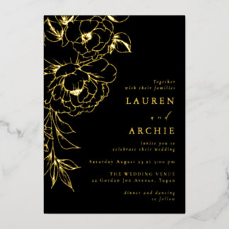 Luxury Elegance: Gold Line Art Black Wedding Foil Invitation