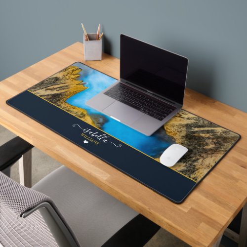 Luxury Elegant Aqua Blue Rustic Wood Epoxy Resin Desk Mat