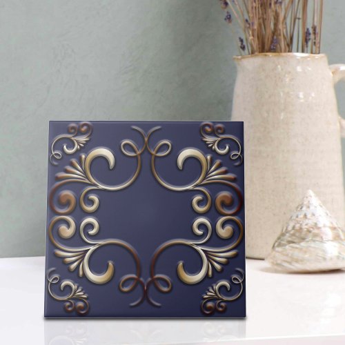 Luxury Elegant Baroque Gold Ornaments on Deep Blue Ceramic Tile