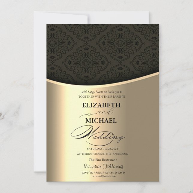 Luxury Elegant Black Damask Gold Wedding Invitation (Front)