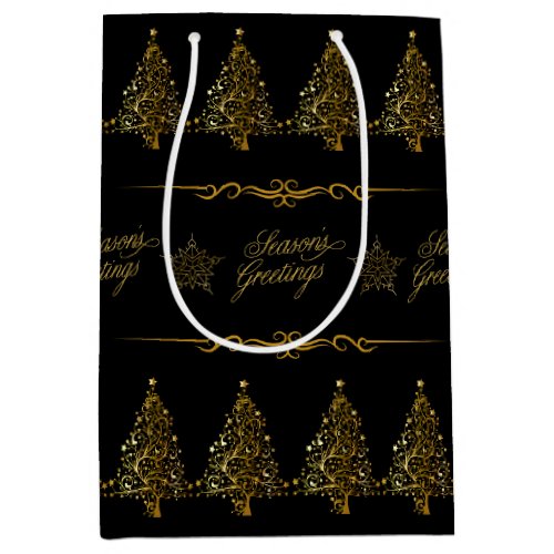 Luxury Elegant Black Gold Christmas Tree  Medium Gift Bag